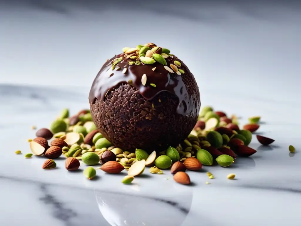 Deliciosa bolita energética vegana de chocolate con pistachos, almendras y coco