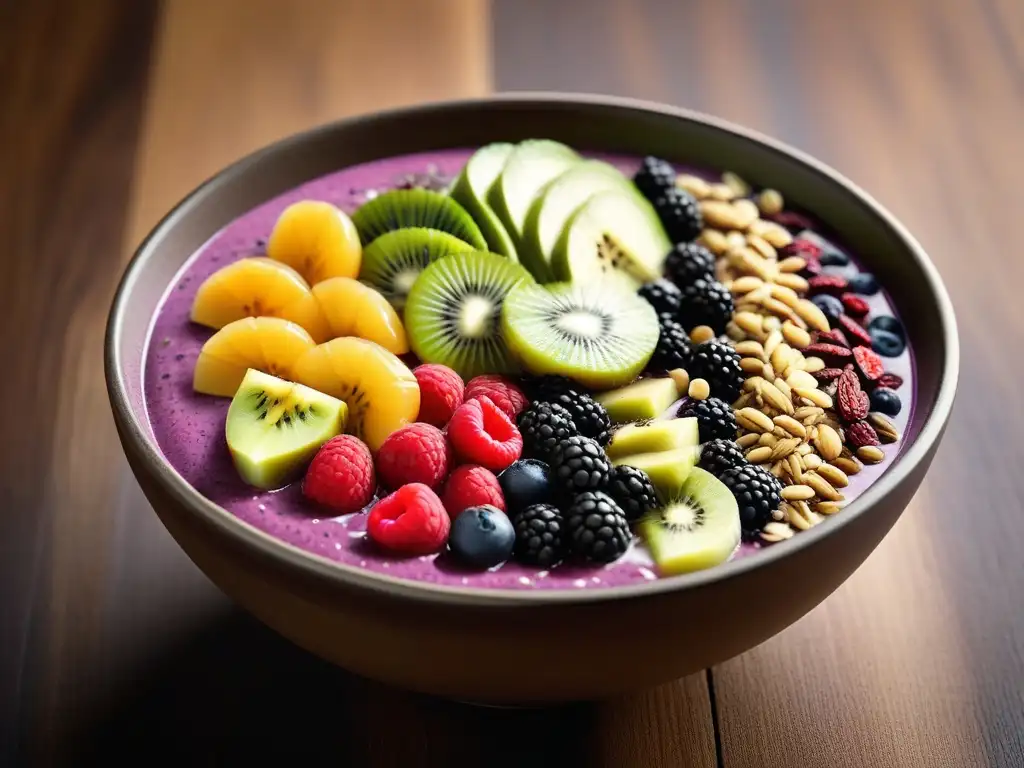 Deliciosa bowl de batido vegano con superfoods energéticos en una presentación vibrante y colorida sobre una mesa de madera moderna