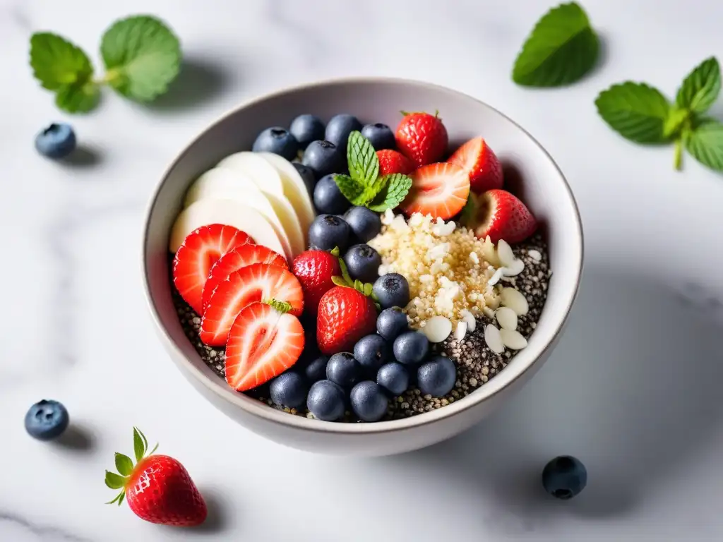 Acai bowl vibrante: desayuno vegano energizante Deliciosa acai bowl con frutas y semillas en mármol blanco