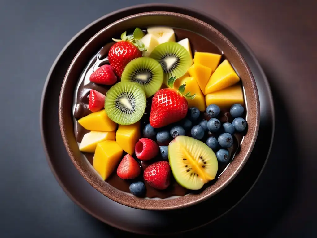 Deliciosa bowl de frutas tropicales con cacao puro superfood vegan