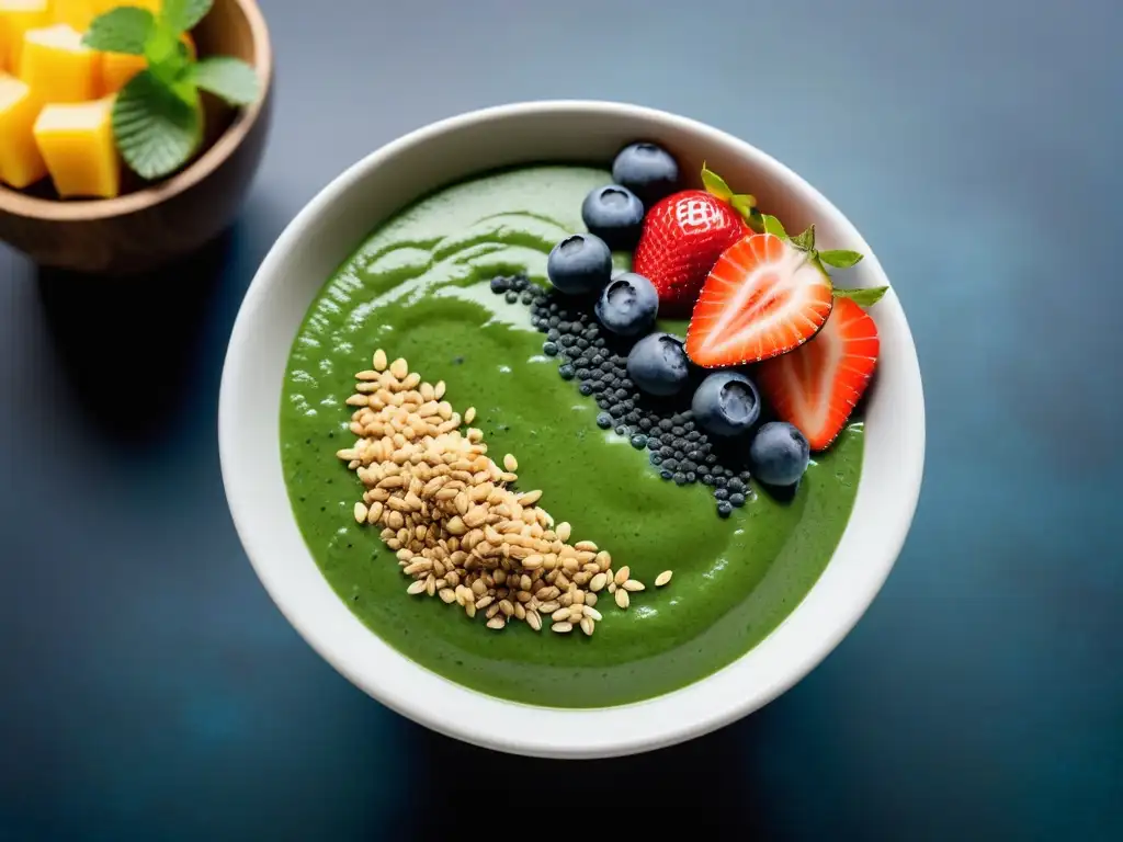 Deliciosa bowl de smoothie verde con espirulina y frutas frescas