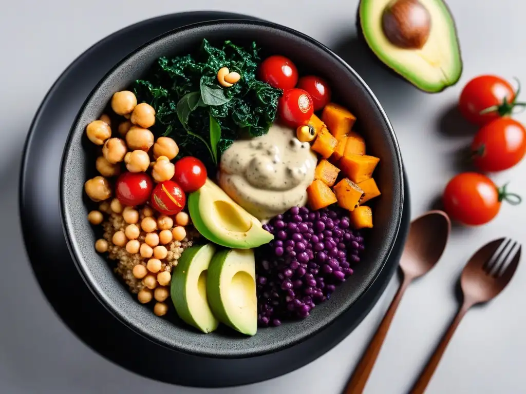 Deliciosa bowl vegana: quinoa, batata, aguacate, garbanzos, kale, tomates cherry en un bowl negro sobre fondo blanco