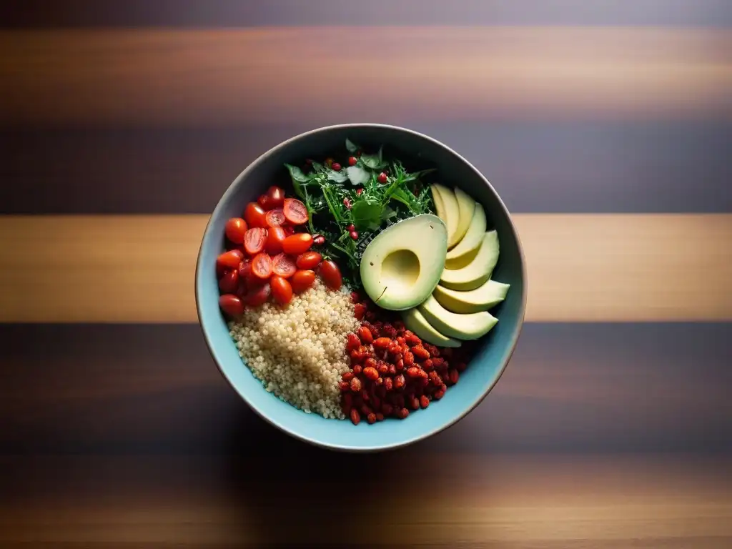 Deliciosa bowl vegana con bayas goji y beneficios saludables, sobre mesa de madera