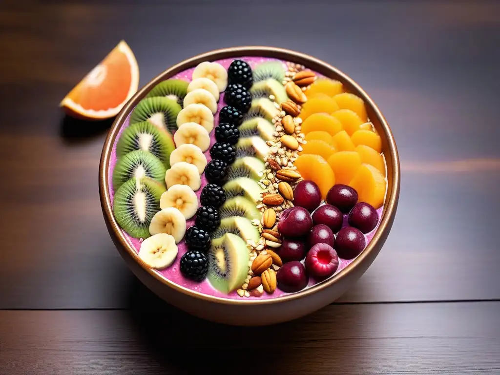 Deliciosa bowl vegana con frutas frescas y semillas, ideal para pérdida de peso