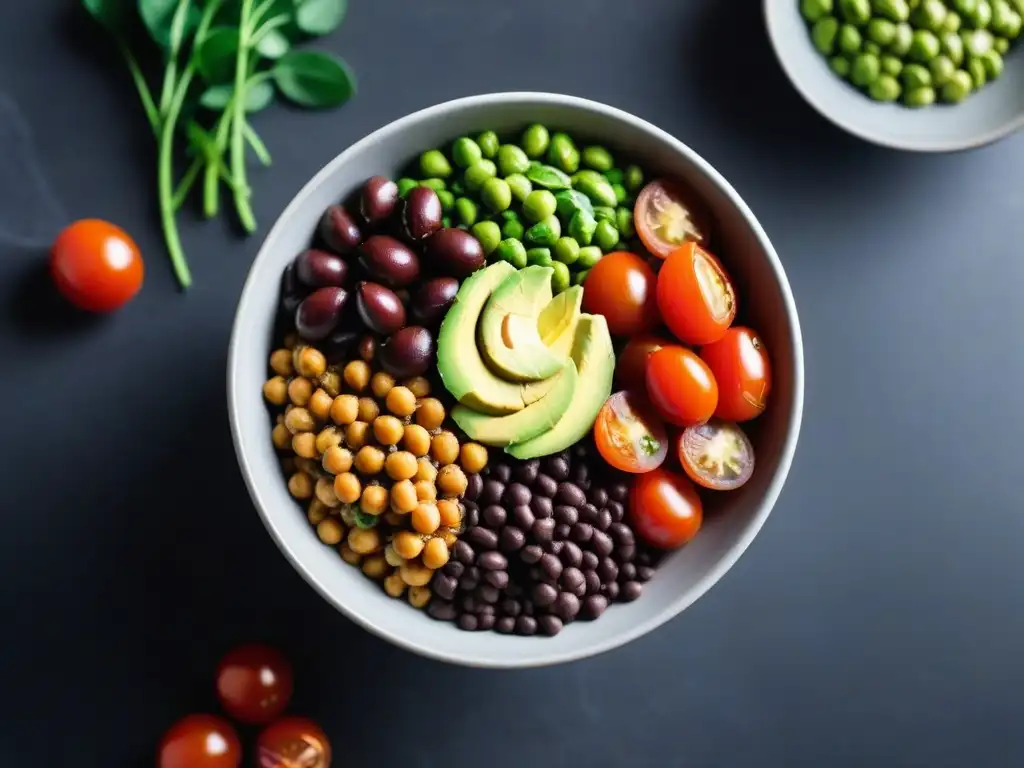 Deliciosa bowl vegana con legumbres y aguacate en fondo de mármol