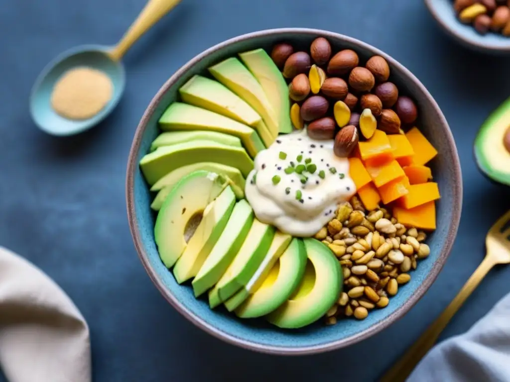 Deliciosa bowl vegana llena de grasas veganas saludables y deliciosas como aguacate, nueces y semillas, con aderezo de tahini cremoso