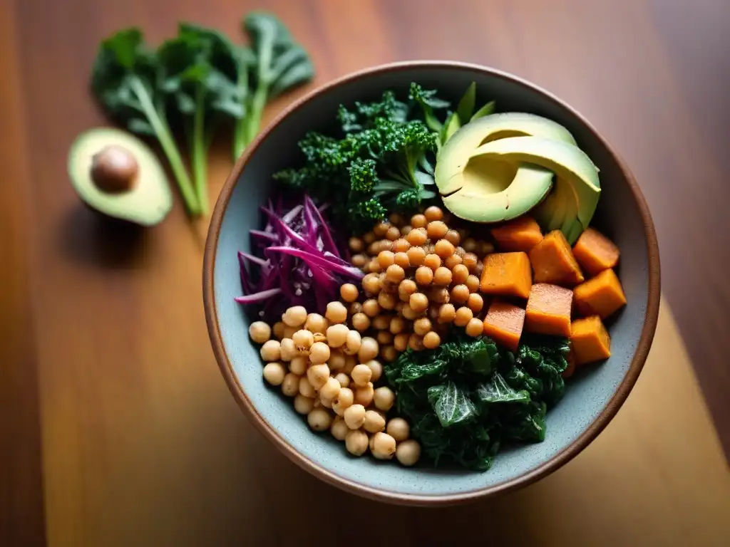 Deliciosa bowl vegana con superalimentos como quinoa, kale y aguacate