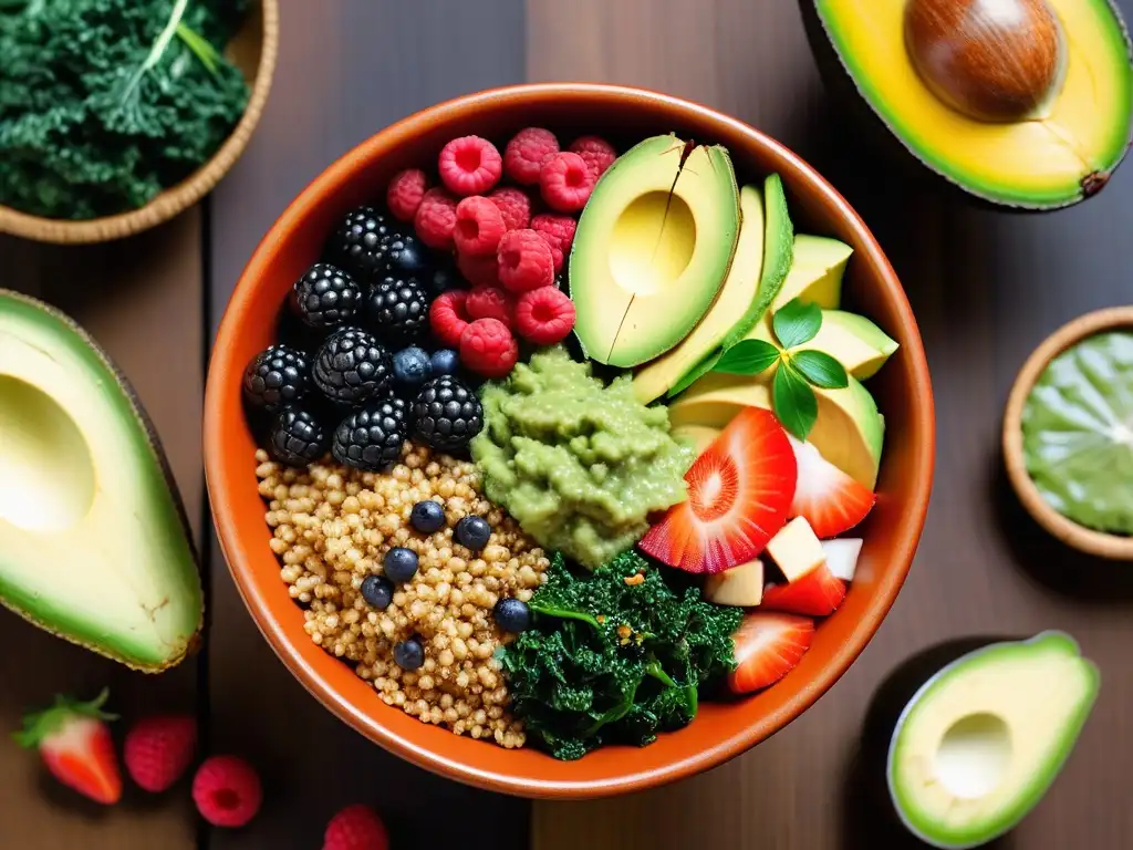 Deliciosa bowl vegana con superfoods como quinoa, kale, aguacate y frutos rojos