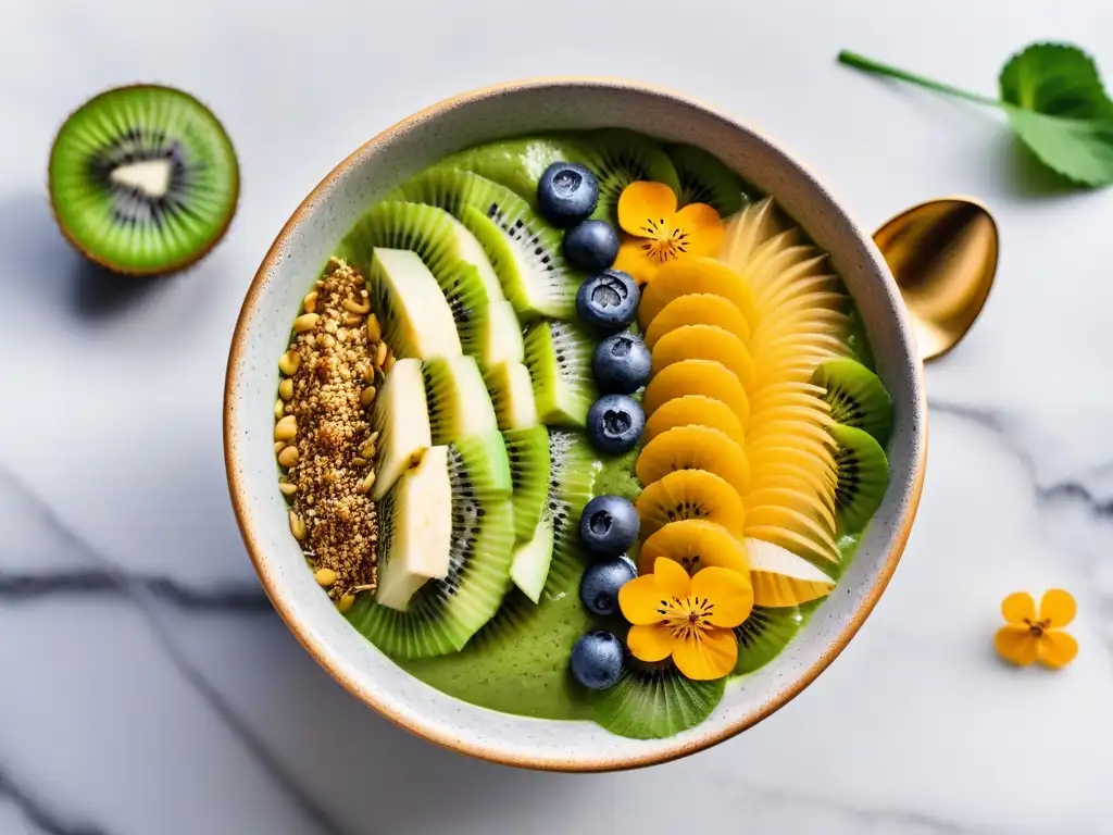 Deliciosa bowl verde con kiwi, chía y flores comestibles en mármol