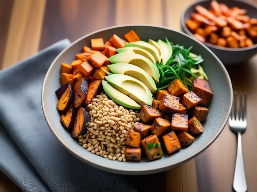 Deliciosa Buddha bowl con tempeh marinado, aguacate, batatas, zanahorias, y aderezo de tahini