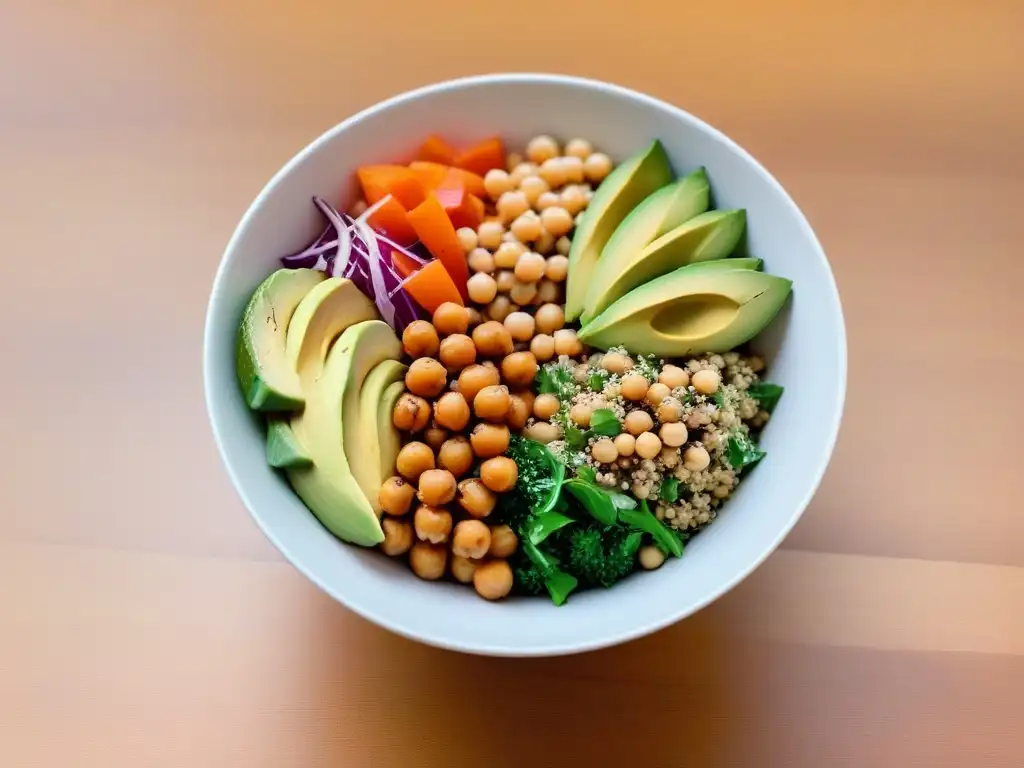 Deliciosa Buddha bowl vegana con quinoa, aguacate, garbanzos y aderezo de tahini