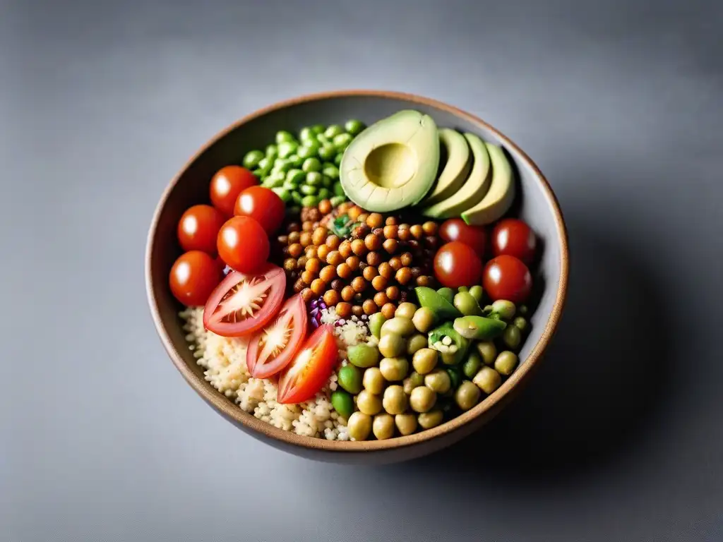 Deliciosa Buddha bowl vegana alta en proteínas con tofu, quinoa, garbanzos y edamame, acompañada de aguacate y tomates cherry