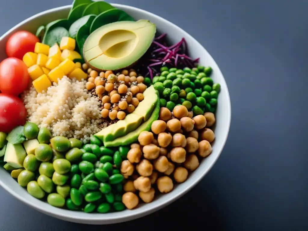 Deliciosa Buddha bowl vegana con proteínas variadas para una dieta sostenible