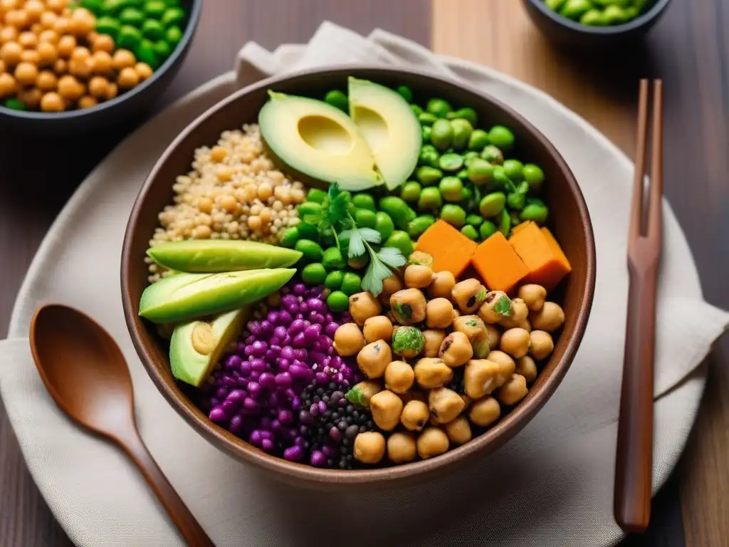 Una deliciosa Buddha bowl vegana con proteínas veganas en cocina global, colorida y fresca en una elegante mesa de madera