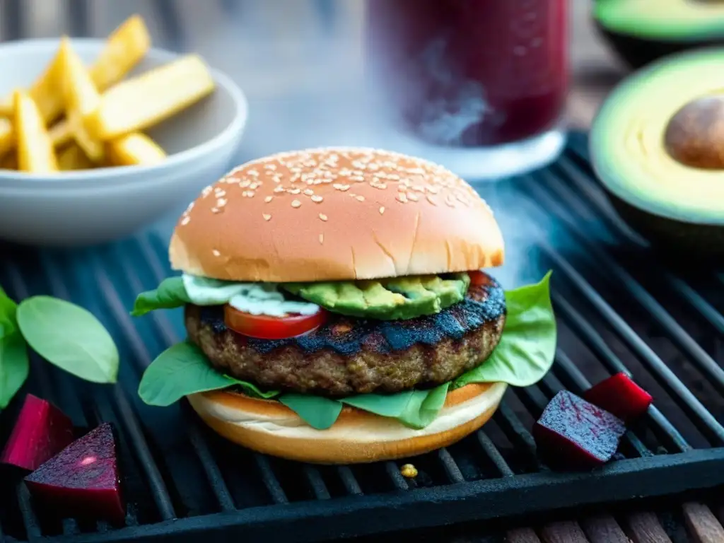 Deliciosa innovación en carnes veganas sangrantes: jugosa hamburguesa vegana en la parrilla con jugos de remolacha