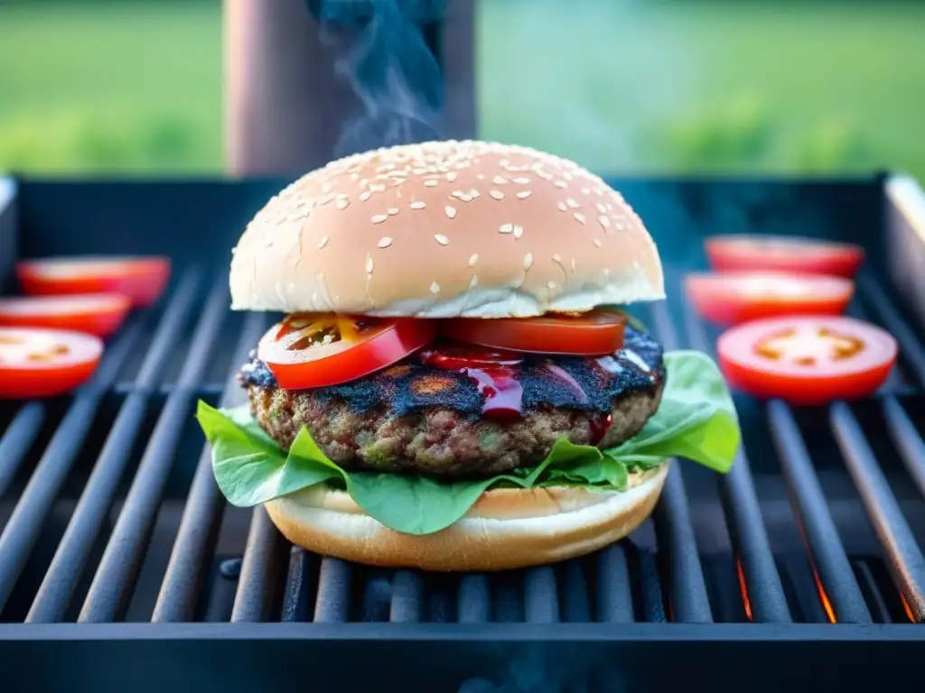 Deliciosa innovación en carnes veganas sangrantes: una hamburguesa vegana en la parrilla con jugoso 'sangre' de remolacha