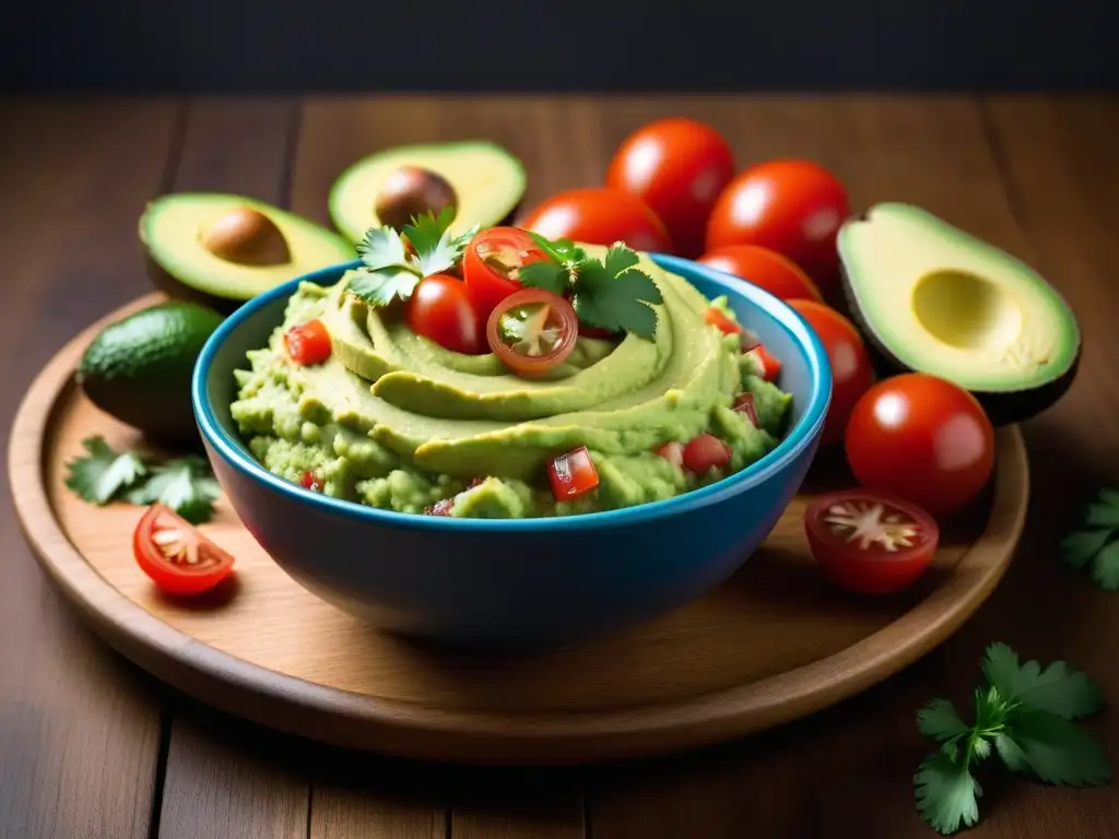 Deliciosa guacamole casera en tazón vibrante sobre mesa de madera