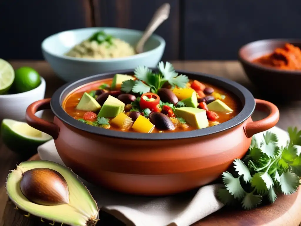 Deliciosa Cazuela de Cactus Cocina Vegana servida en olla de barro, con aguacate y cilantro fresco sobre mesa de madera rústica