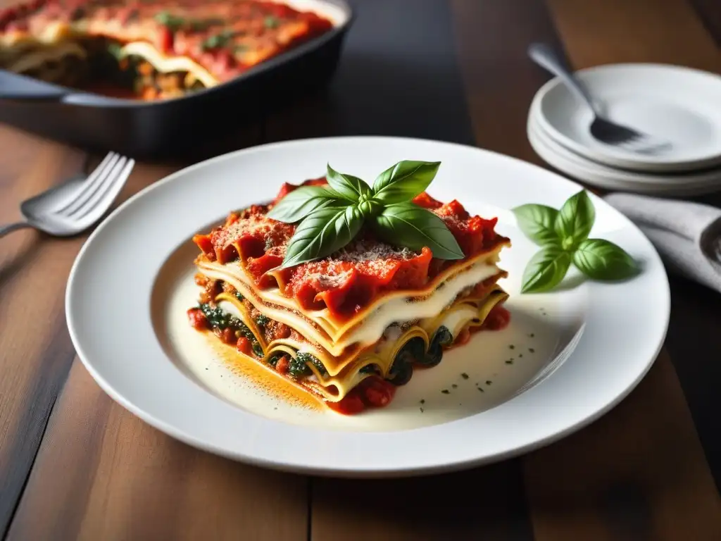 Deliciosa cena italiana vegana sin gluten, con las capas de lasaña vegana en un plato moderno sobre una mesa rústica iluminada por luz natural