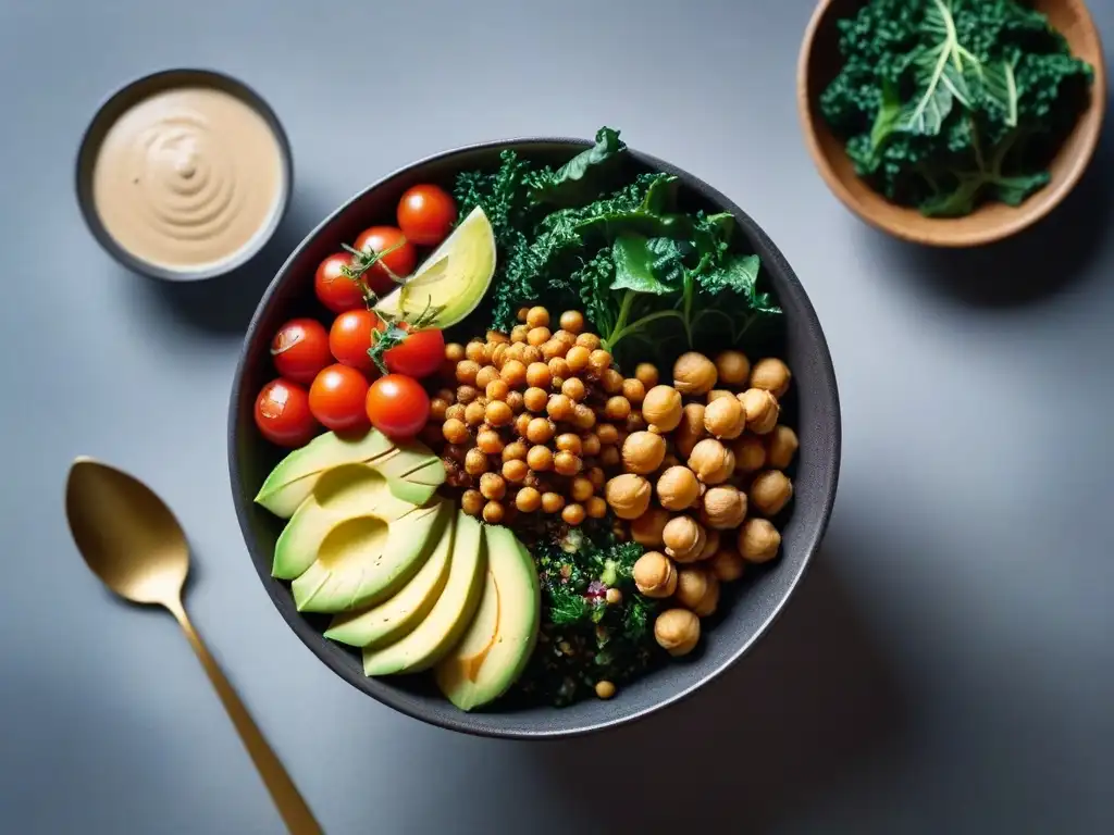 Deliciosa cena vegana con quinoa, aguacate, tomate cherry, garbanzos, kale y aderezo de tahini