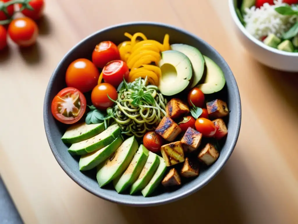 Deliciosa cena vegana baja en carbohidratos: un vibrante Buddha bowl con ingredientes coloridos y frescos en una mesa de madera iluminada naturalmente