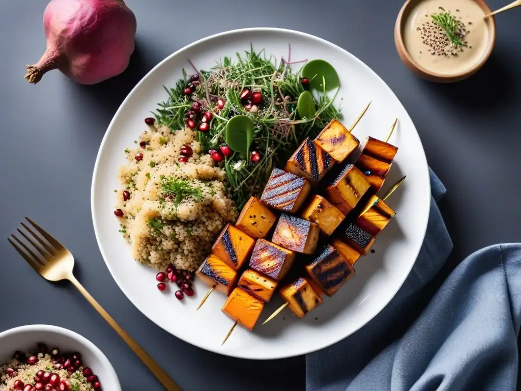 Una deliciosa cena vegana para deportistas: batatas asadas, ensalada de quinoa y brochetas de tofu a la parrilla en un plato blanco moderno