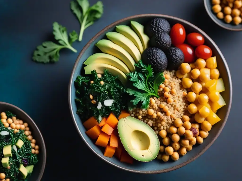 Deliciosa cena vegana desintoxicante con kale, quinoa, aguacate y vegetales coloridos en un vibrante y detallado Buddha bowl