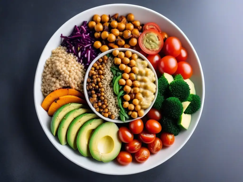 Una deliciosa cena vegana fácil con bowl de Buddha colorido sobre mármol negro