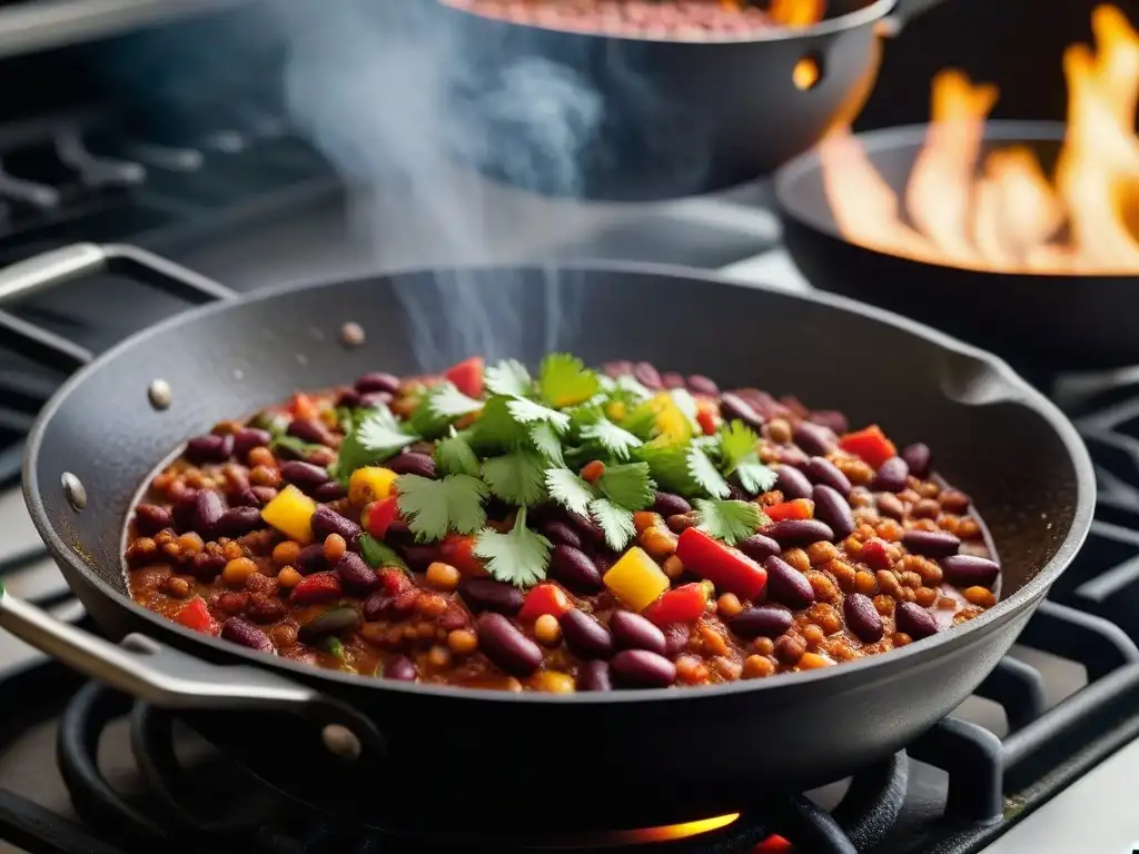 Una deliciosa cena vegana picante se cocina en un sartén negro de hierro