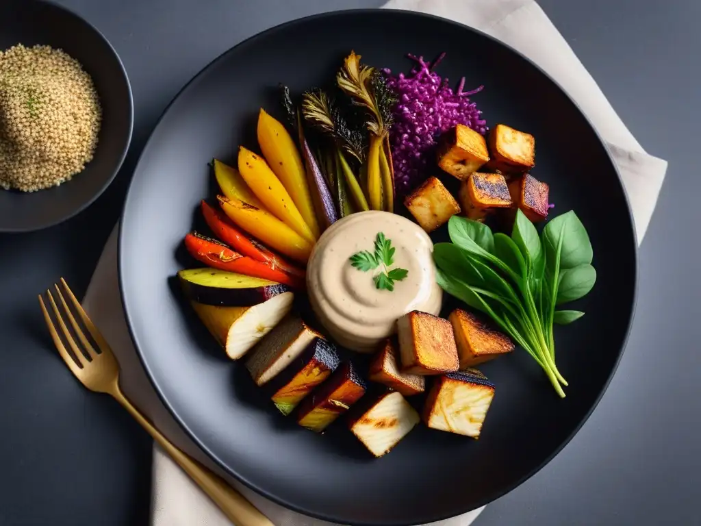 Una deliciosa cena vegana en un plato, con vegetales asados, ensalada de quinua, salsa de anacardos y tofu crujiente