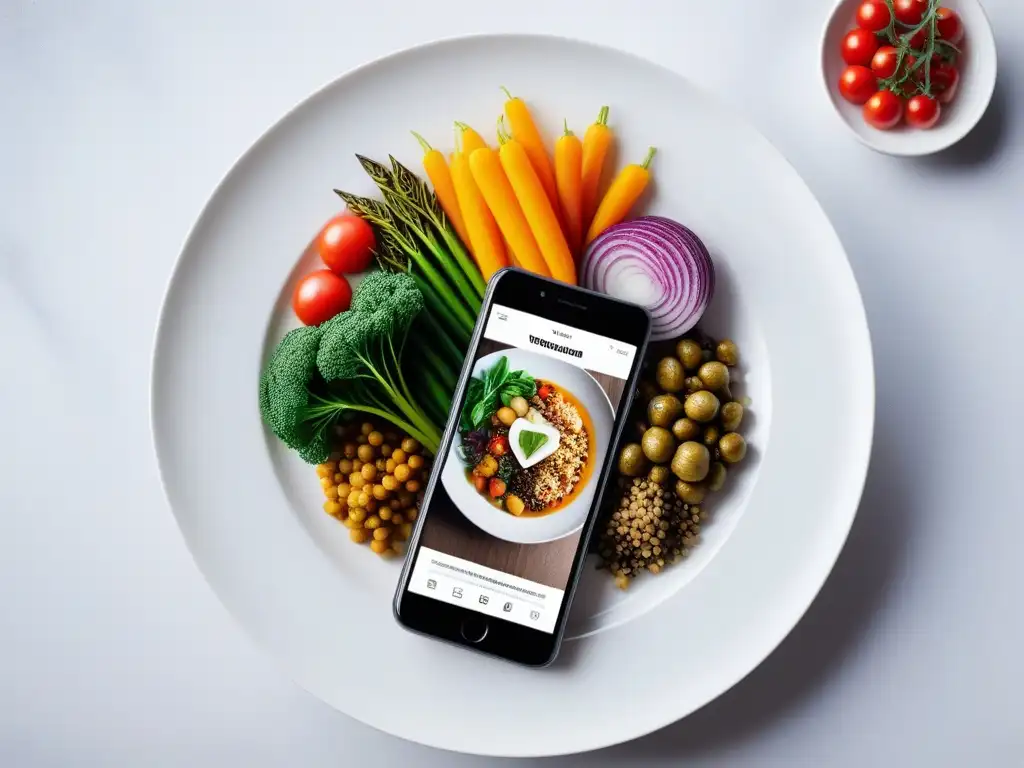 Deliciosa cena vegana presentada con arte en un smartphone en una cocina moderna