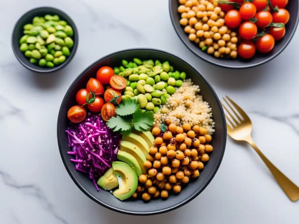 Deliciosa cena vegana con proteínas vegetales para cenas veganas en un bowl colorido sobre mármol blanco