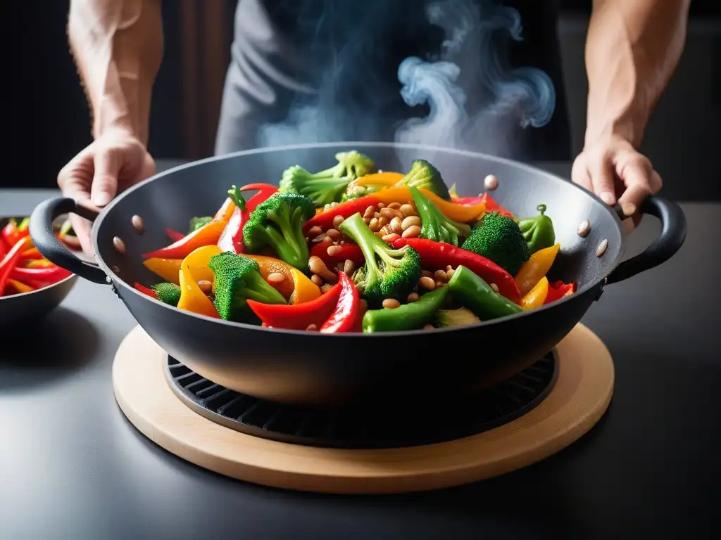 Deliciosa cena vegana: revuelto de verduras coloridas en wok, con semillas de sésamo y cilantro