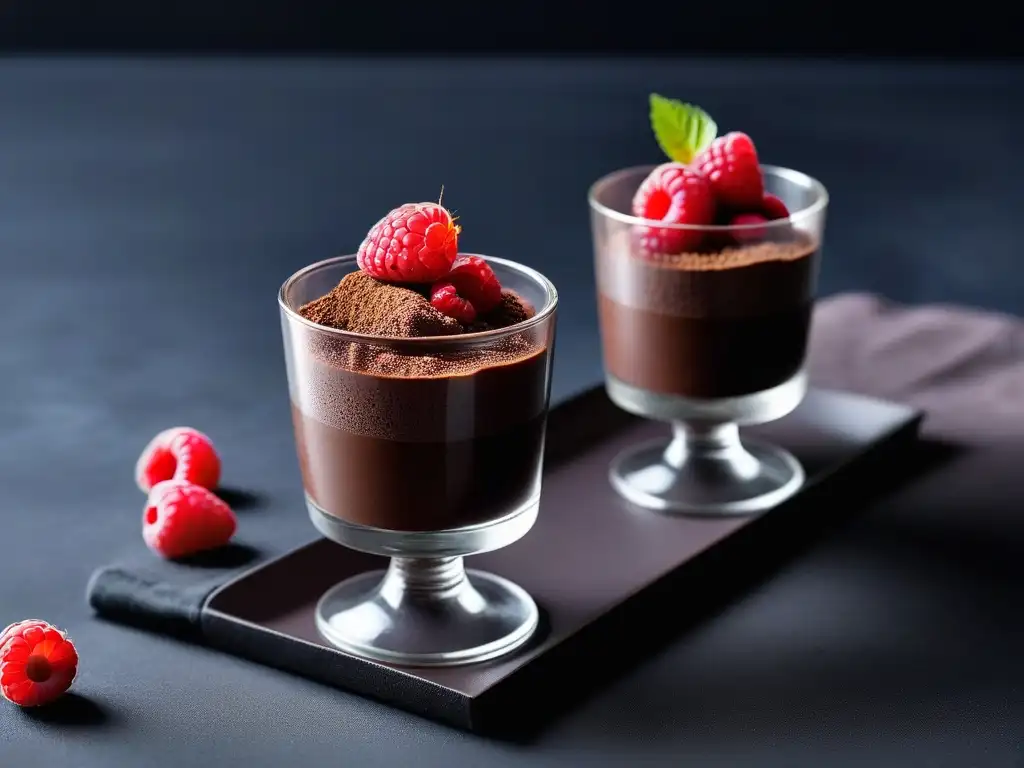 Deliciosa mousse de chocolate vegano con cacao crudo, frambuesas y elegante presentación en copa