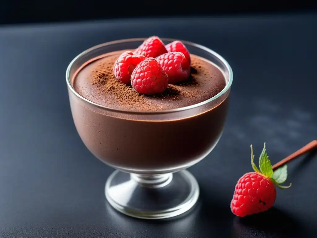 Deliciosa mousse de chocolate vegano en copa con frambuesas frescas y polvo de cacao