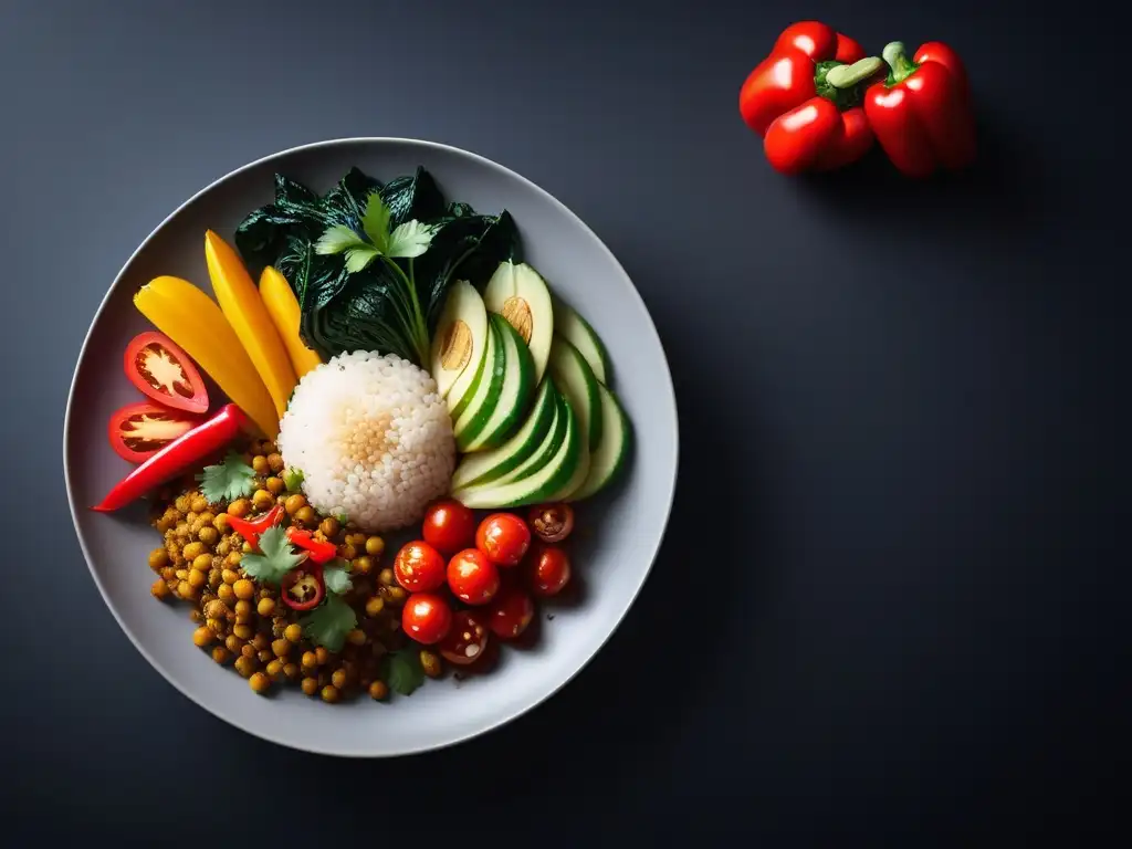 Una deliciosa fusión de Cocina vegana AsiaAmérica: colorido platillo de stirfry con bok choy, pimientos, plátanos, semillas de sésamo y cilantro