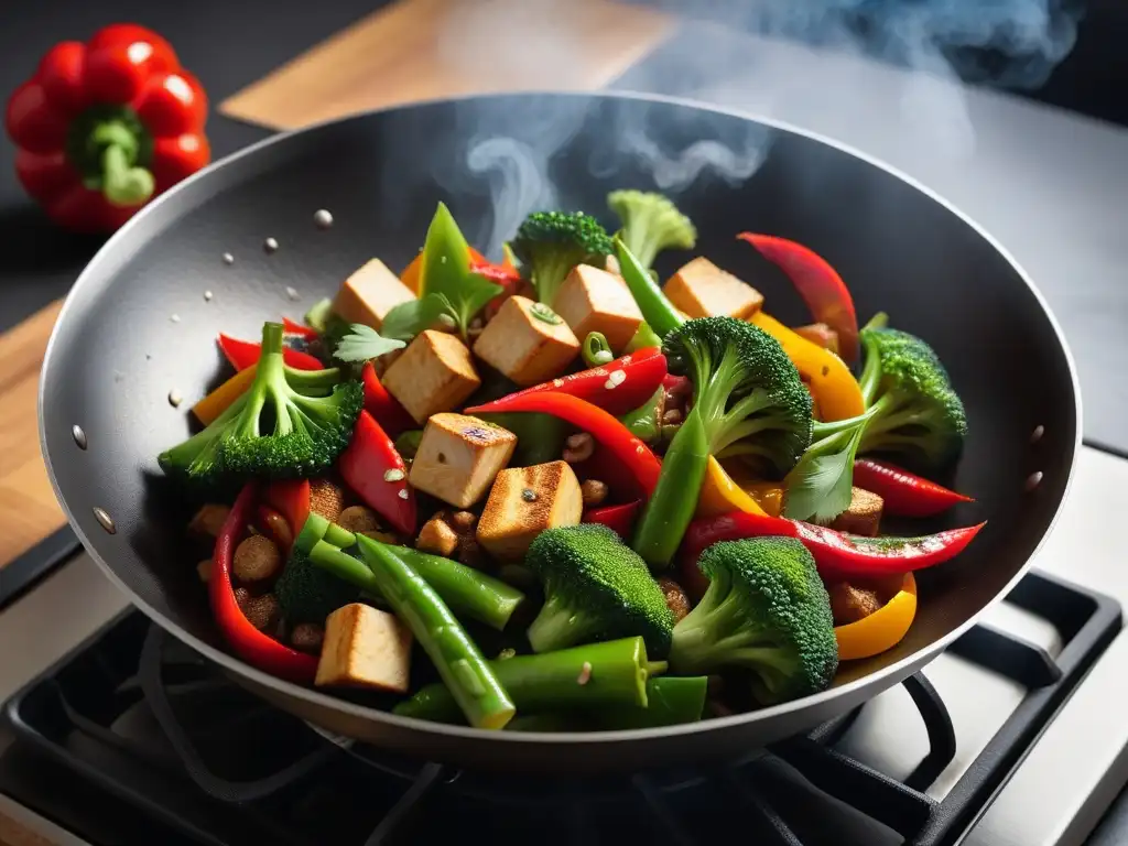 Deliciosa cocina vegana asiática para principiantes: un salteado vibrante y colorido en un wok, con ingredientes frescos y aromáticos