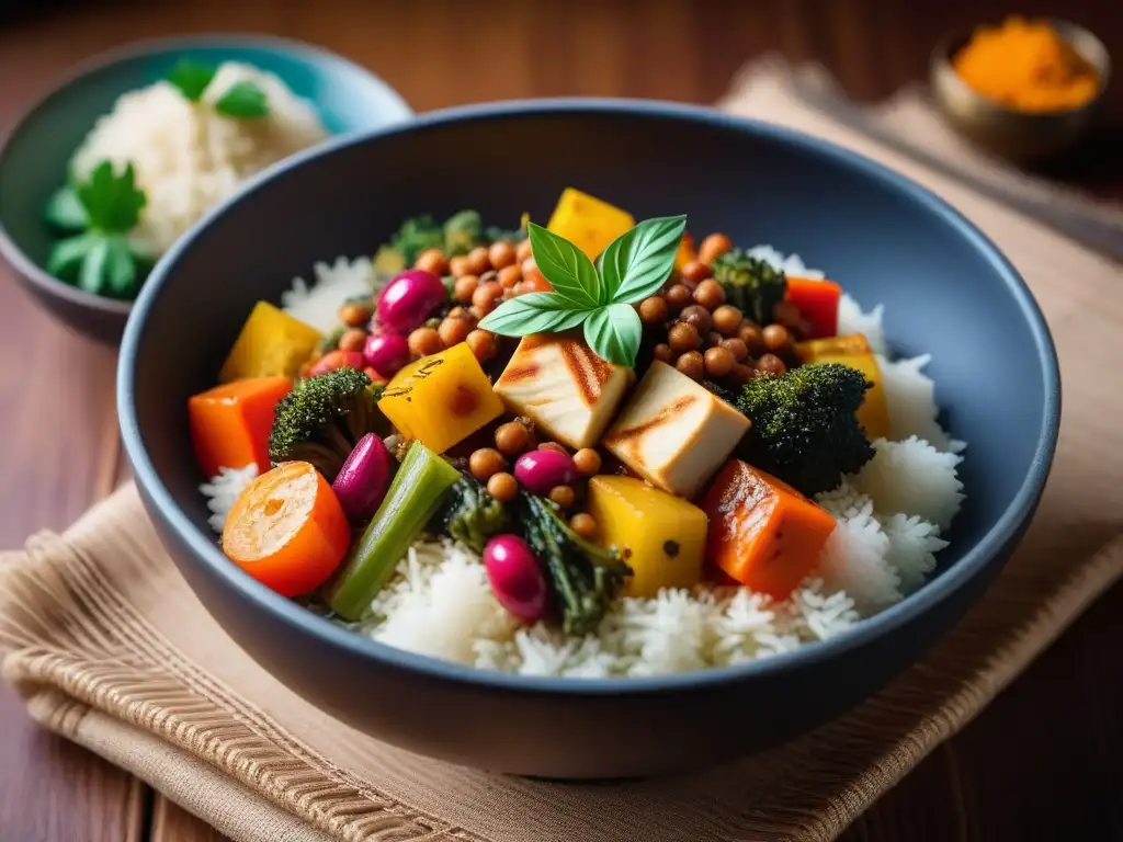 Deliciosa cocina vegana kazaja con colores vibrantes y presentación elegante en mesa tradicional