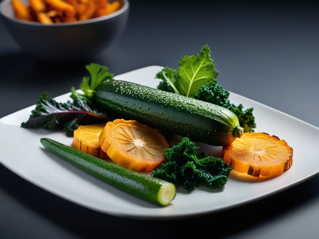 Una deliciosa cocina vegana crujiente sin aceite con vegetales en un plato blanco sobre fondo oscuro