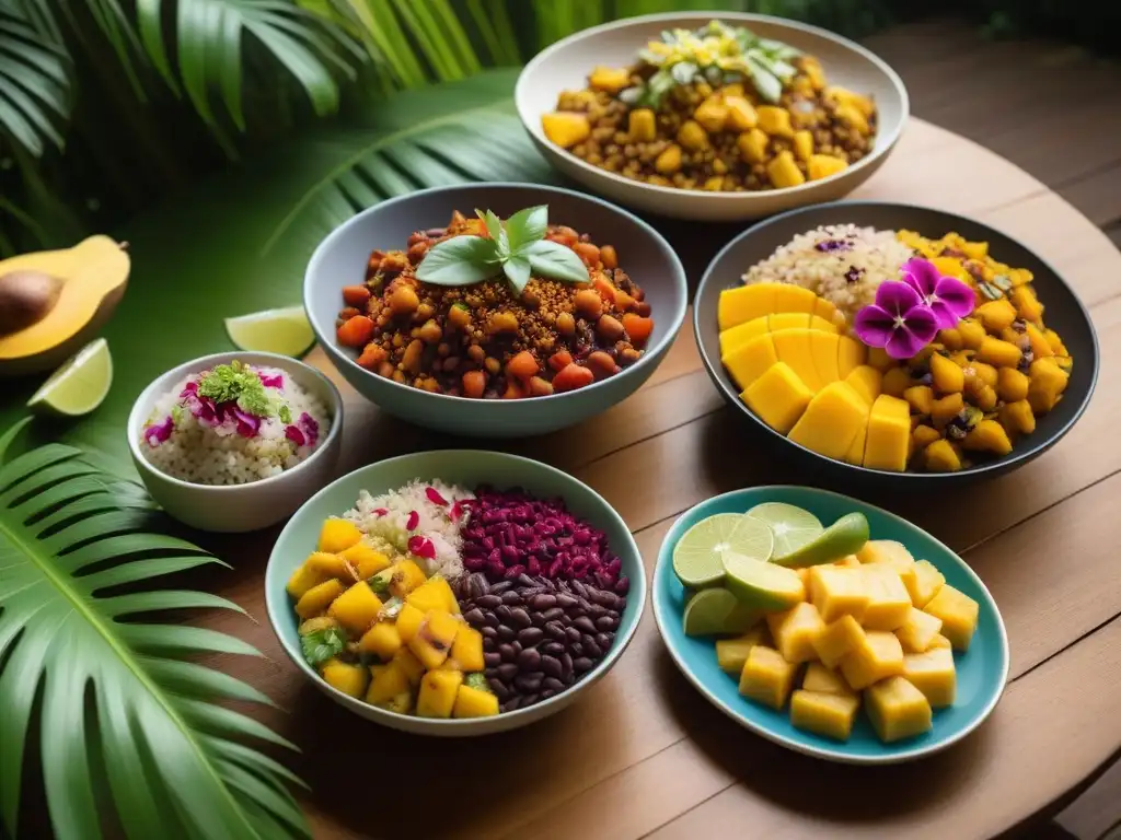 Deliciosa cocina vegana estilo caribeño con plátanos, arroz de coco, jackfruit y salsa de mango en mesa de madera