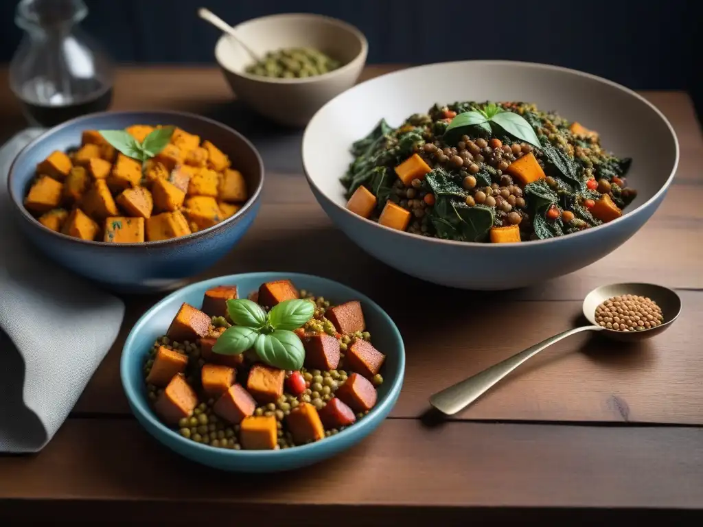 Una deliciosa cocina vegana en África, con platos coloridos sobre una mesa de madera