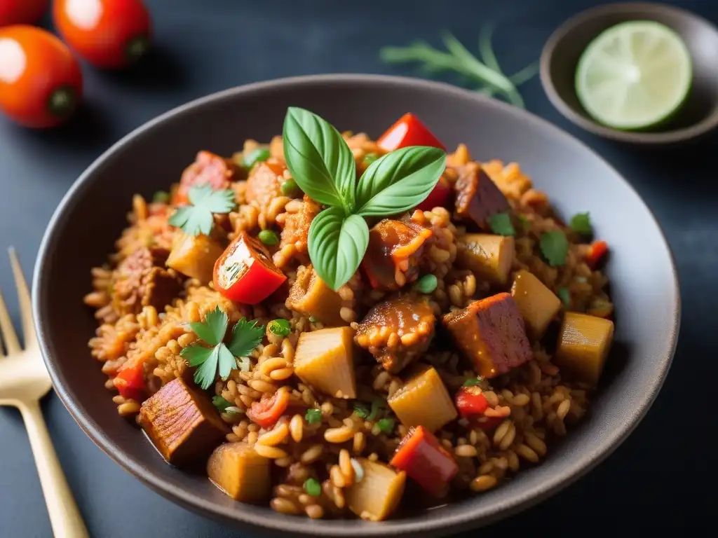 Deliciosa cocina soul vegana profunda: jambalaya vibrante y colorida en un elegante bol moderno, adornada con hierbas frescas y especias