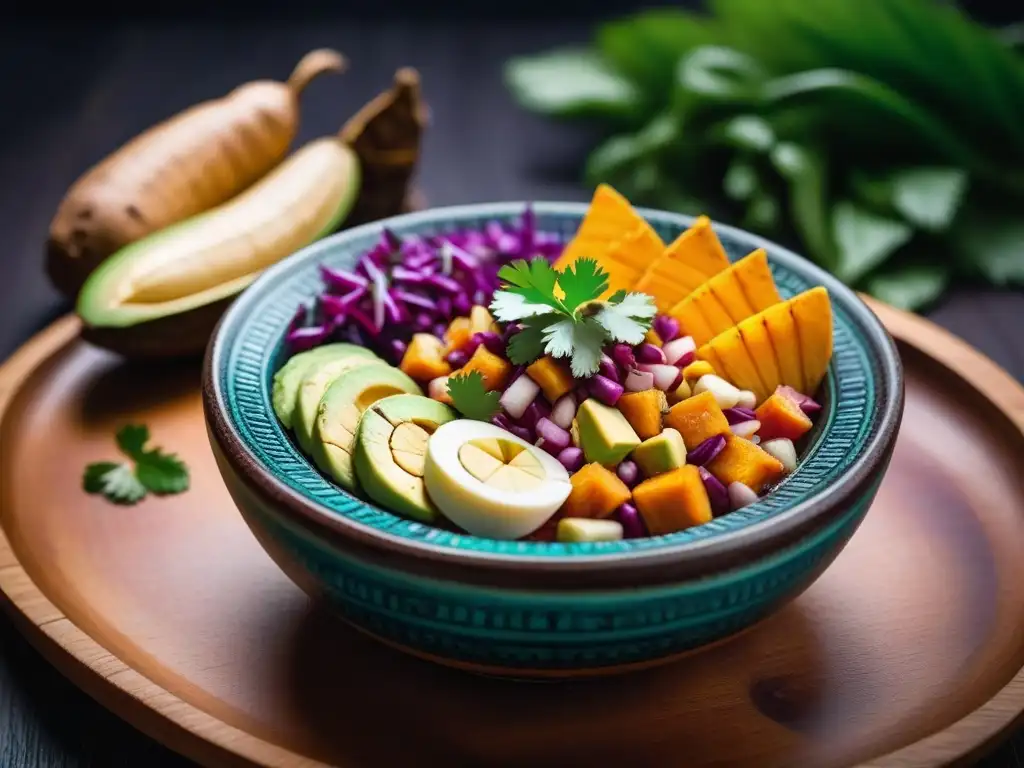 Deliciosa cocina vegana en Perú: un vibrante bowl de ceviche con corazón de palma, camote, maíz morado y aguacate, en una hermosa vajilla peruana