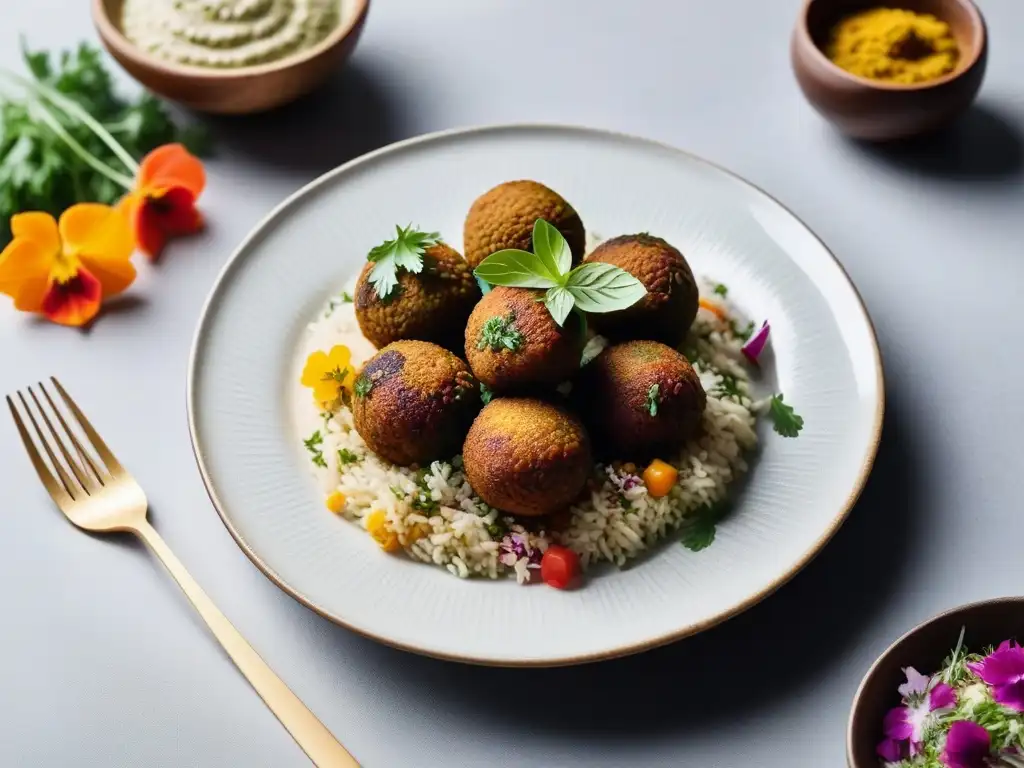 Deliciosa cocina vegana Medio Oriente: vibrantes falafel, arroz azafrán, tabulé y tahini en elegante plato blanco