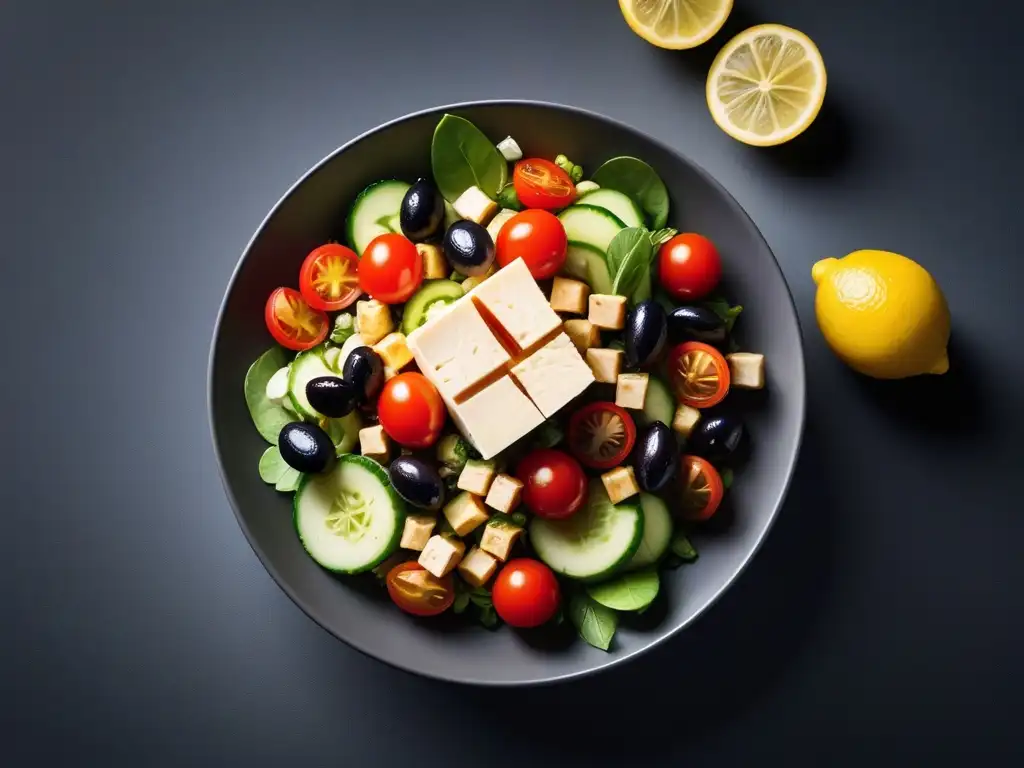 Deliciosa ensalada mediterránea de tofu con colores vibrantes y ingredientes frescos, perfecta para recetas con tofu en cocina vegana