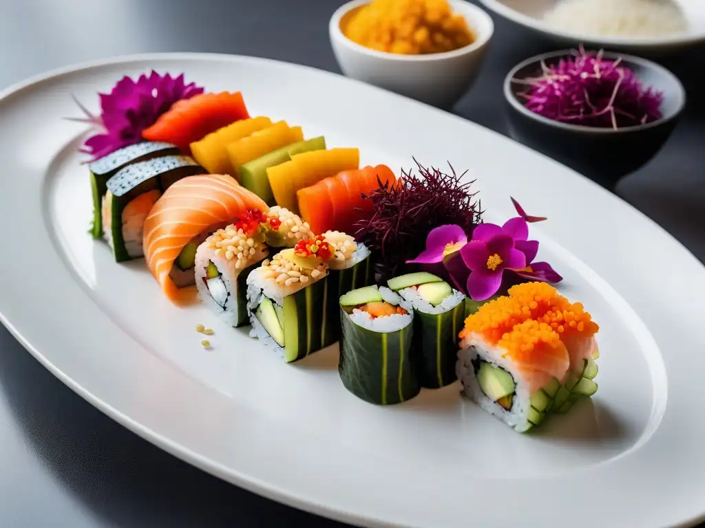 Una deliciosa y colorida bandeja de sushi vegano 'arcoíris', ideal para niños