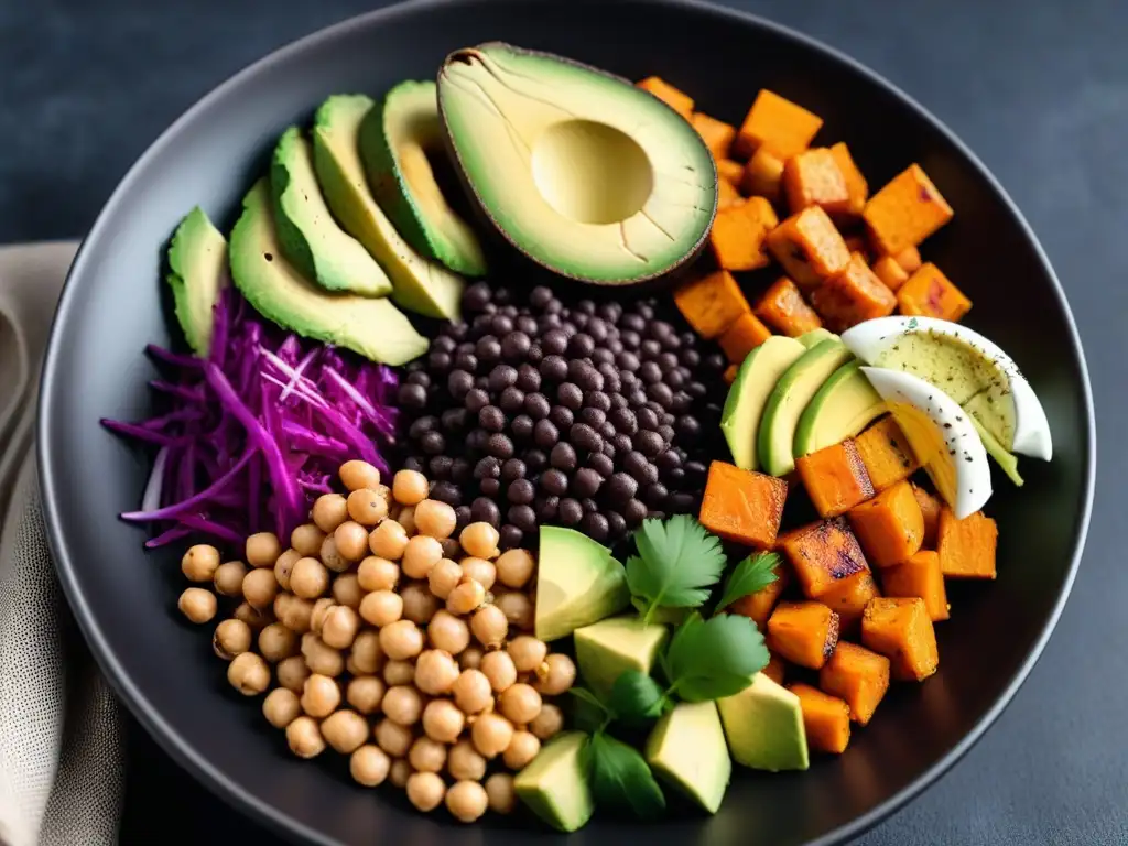 Deliciosa y colorida bowl vegana con proteínas vegetales en cocina americana