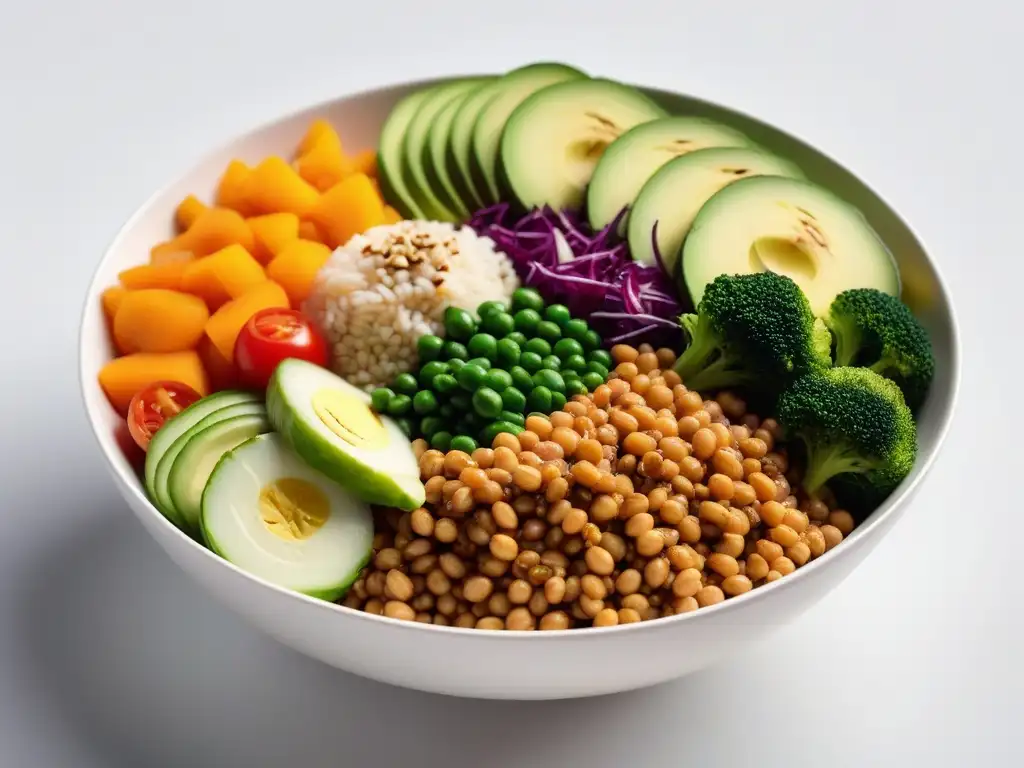 Deliciosa y colorida bowl vegana con vegetales frescos y proteínas vegetales