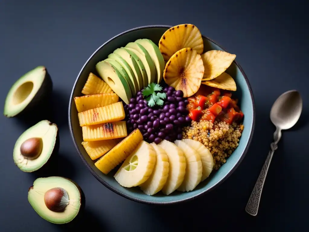 Deliciosa y colorida bowl vegana de yuca autóctona con aji amarillo, cilantro, aguacate y chips de plátano