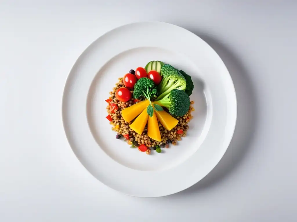 Una deliciosa y colorida composición vegana en un plato blanco elegante